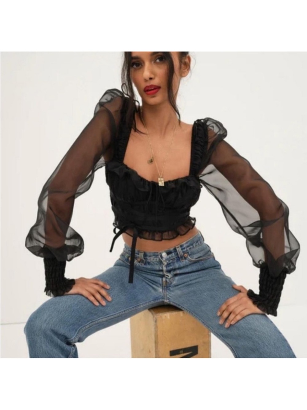 For Love And Lemons Gabrielle Black Sheer Crop Top XXS